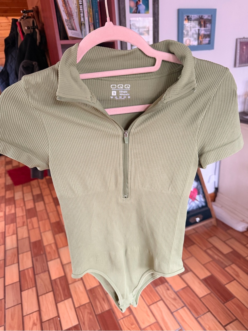 Ribbed Zip-Front Olive Green Women’s Bodysuit